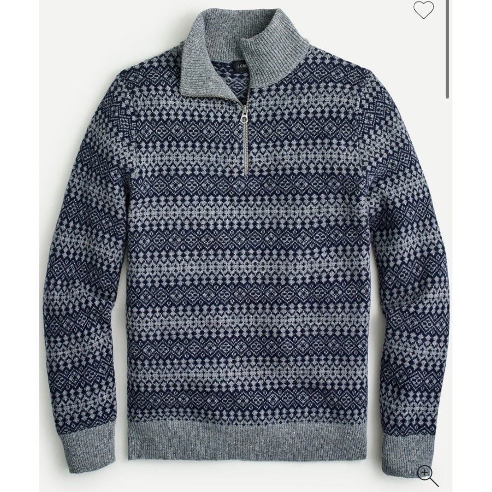 J Crew Mens Med Sweater 100% Lambswool Fair Isle Half Zip Soft Warm Ski Preppy